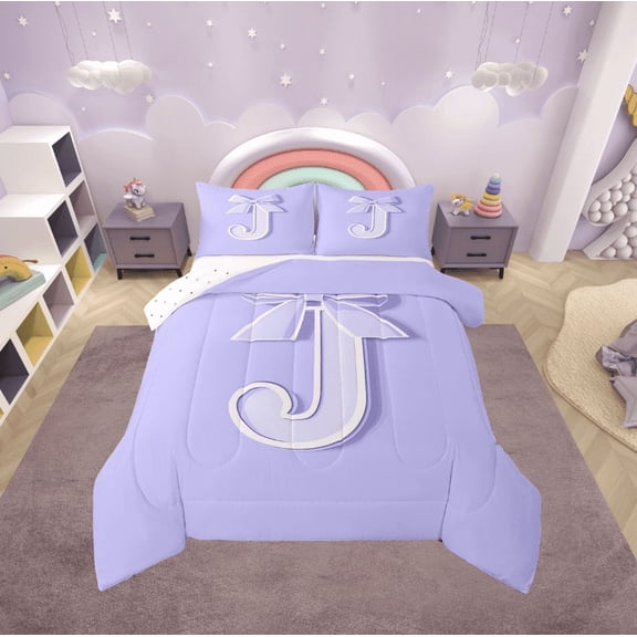 Erosebridal Initial Letter J Bedding Twin Comforter Set, Purple Down Comforter, Kawaii Bow-tie Reversible Comforters & Duvets, Lightweight Room Decorative, 2 Pieces