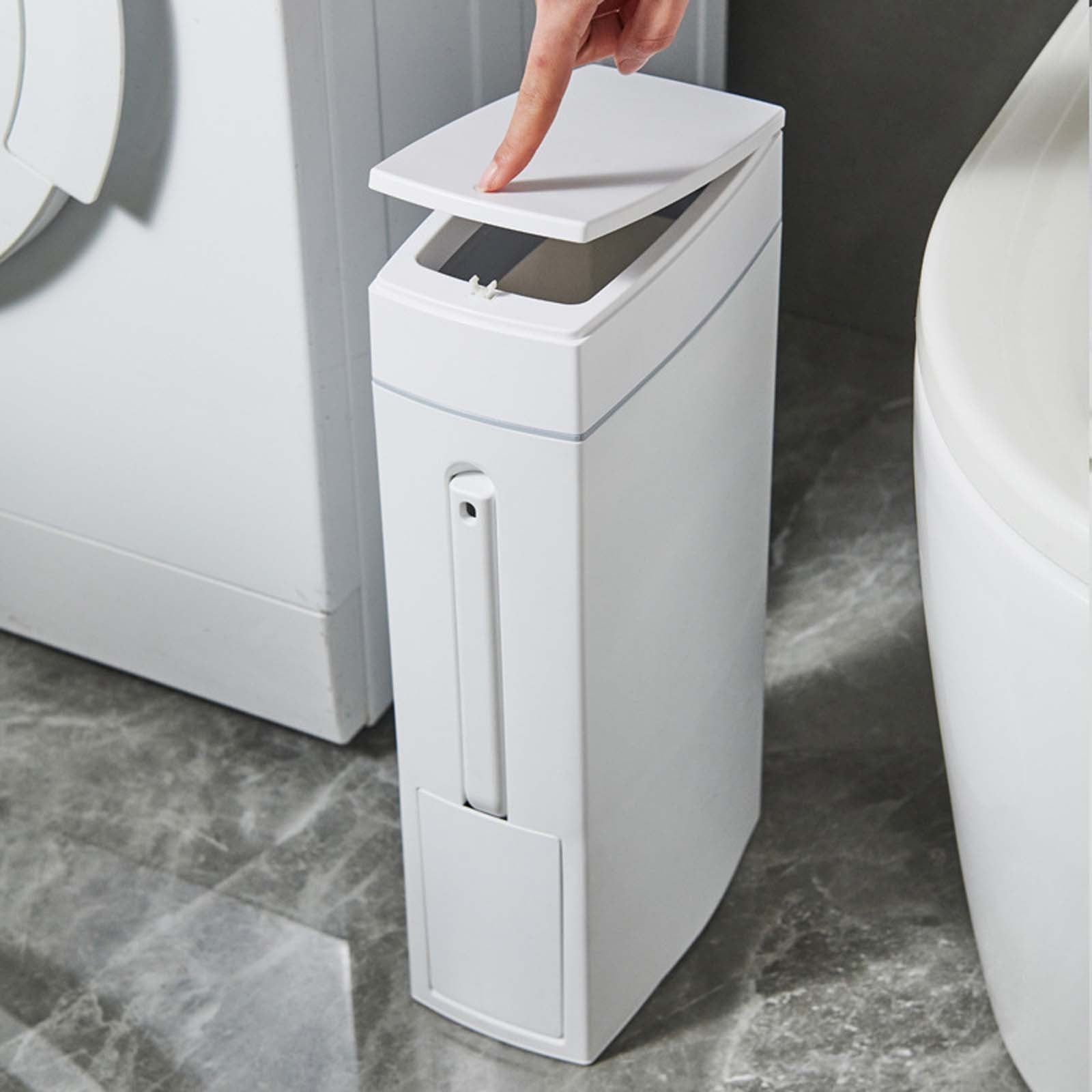 SATRINO Slim Bathroom Trash Can Toilet Brush Set, 4.5L Small Trash Can with Lid, Waste Bin Toilet Brush Holder Garbage Bag Tissue Box Holder 4 in 1 Bathroom Kit (White)