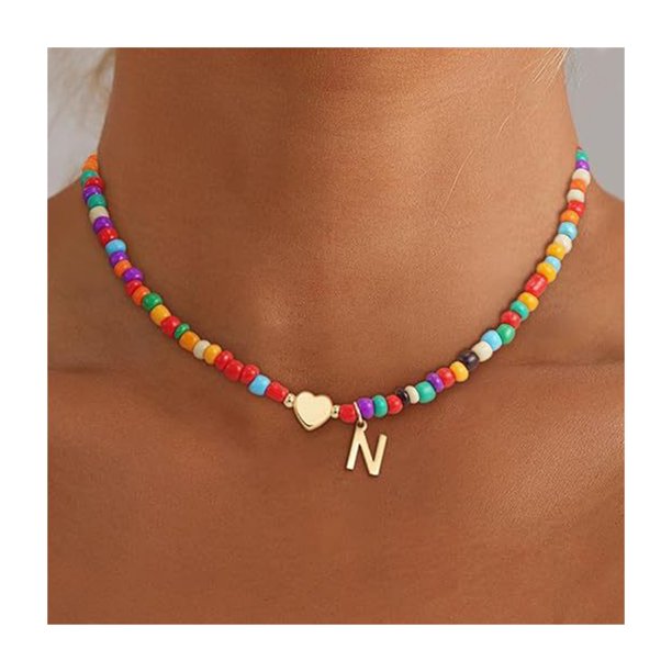 Gargantilla de cuentas para mujer, collar de cuentas de colores, collar con colgante inicial, gargantilla con inicial de corazón, regalo de cumpleaños para niñas, esposas y novias.