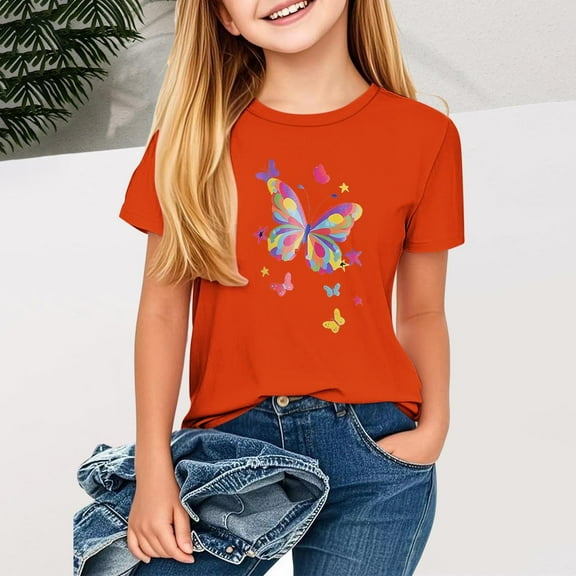 Spazoro Toddler Girls T-shirts, Crewneck Summer Graphic Tee Casual Short Sleeve Tops Orange Size 1-13T