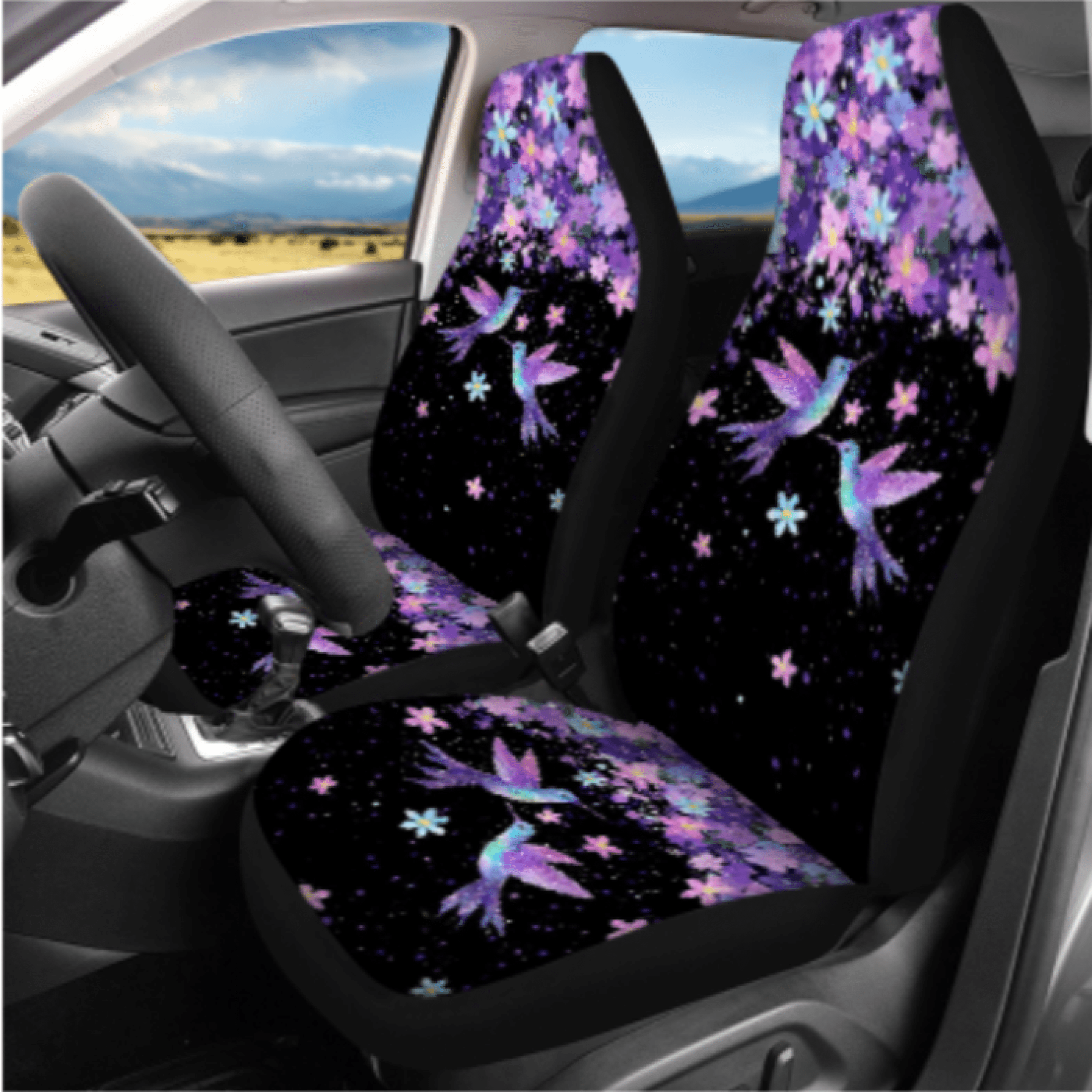 HUIACONG Car Seat Cover Set, with Steering Wheel Cover Seat Protectors Vehicle Cup Mat, 14 Pack Hummingbird Floral Pattern Car Accessories Full Set