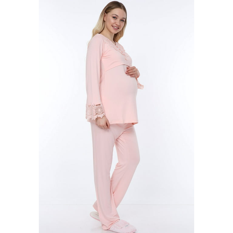 LVMA9510 - Women's Maternity Nursing Pajamas Hospital Set Soft Long-Sleeved  Button Tops PJ Pants Sleepwear Set 