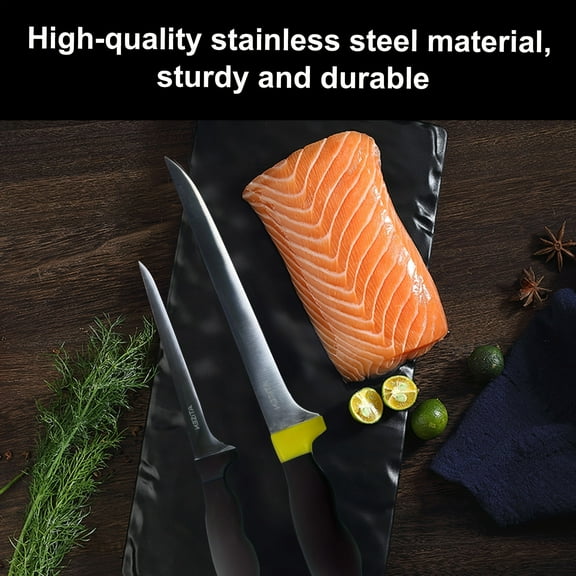 4-Piece Fishing Tool Set – 2 Stainless Steel Sharp Knives with Sheaths, Knife Sharpener & Towel – Outdoor Fishing Kit – Christmas & Halloween Gift for Dad (Yellow & Black)