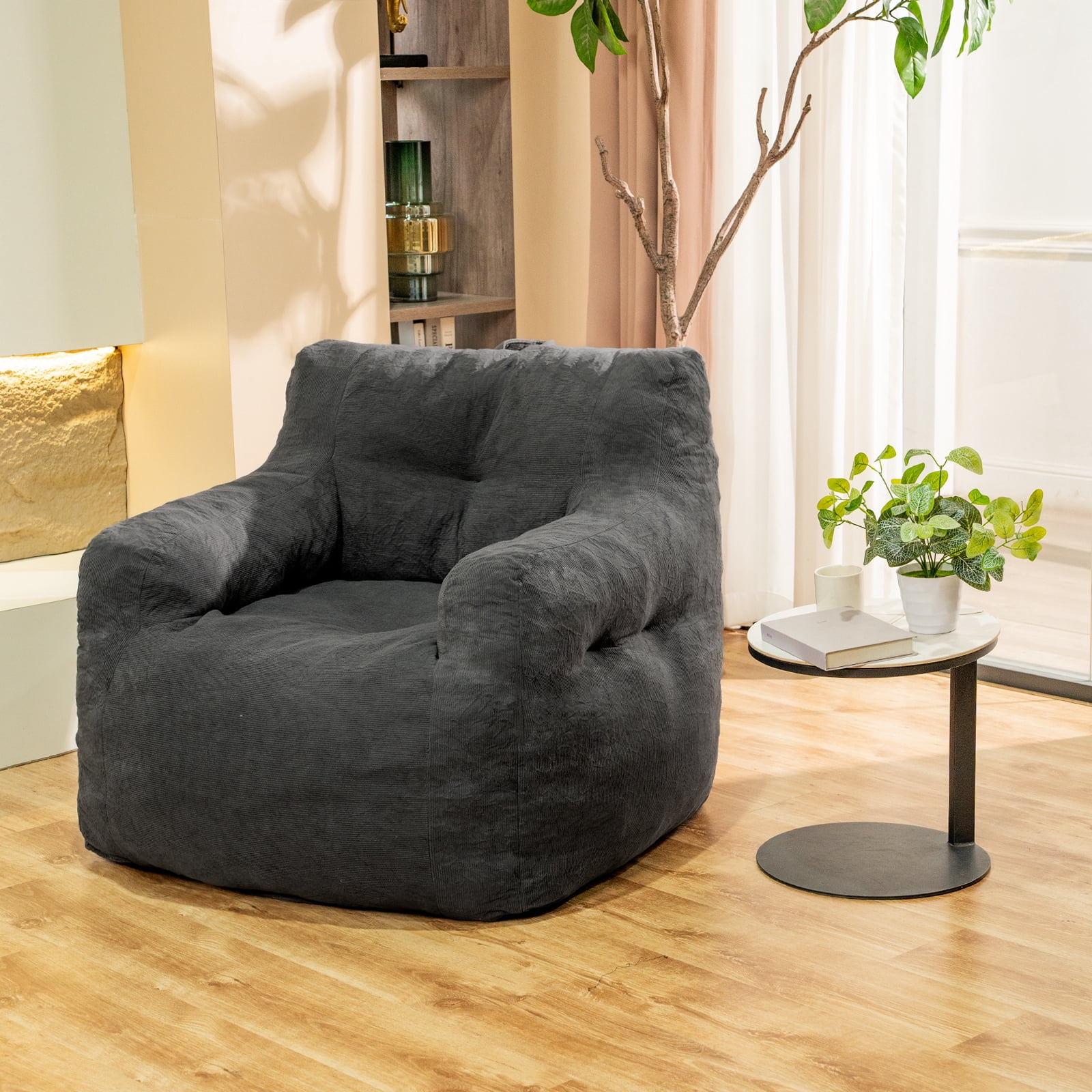 MIERES Bean Bag Chair for Adult Small Bean Bag Chairs with Arms Furry Beanbag Chair with Foam Filler Stuffed Bean Bag Sofa for Reading in Bedroom Living Room and Dorms (Gray)