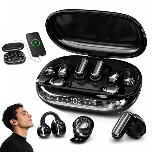 3-in-1 Bluetooth Wireless Earbuds with Chargeable Power Bank Case Interchangeable Clip-On, in-Ear & Sleep Earphones, APP EQ, LED Display, Low Latency Headphones