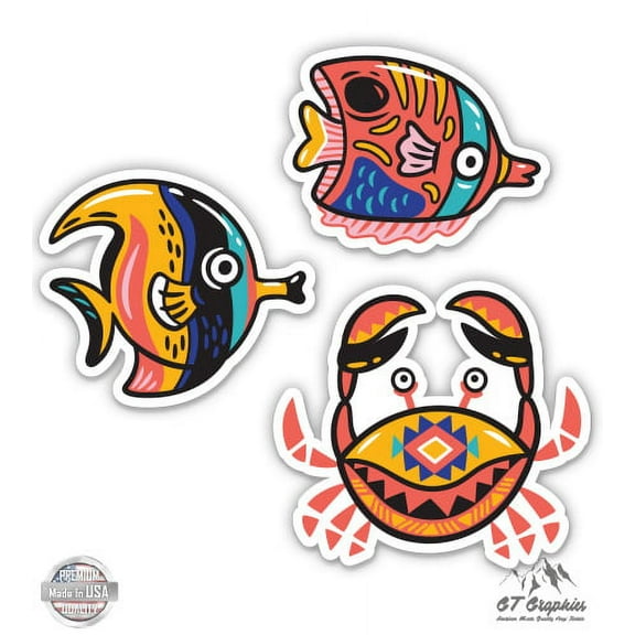 Cute Crab and Tropical Fish Set - 2" each Vinyl Stickers - For Car Laptop I-Pad Phone Helmet Hard Hat - Waterproof Decals