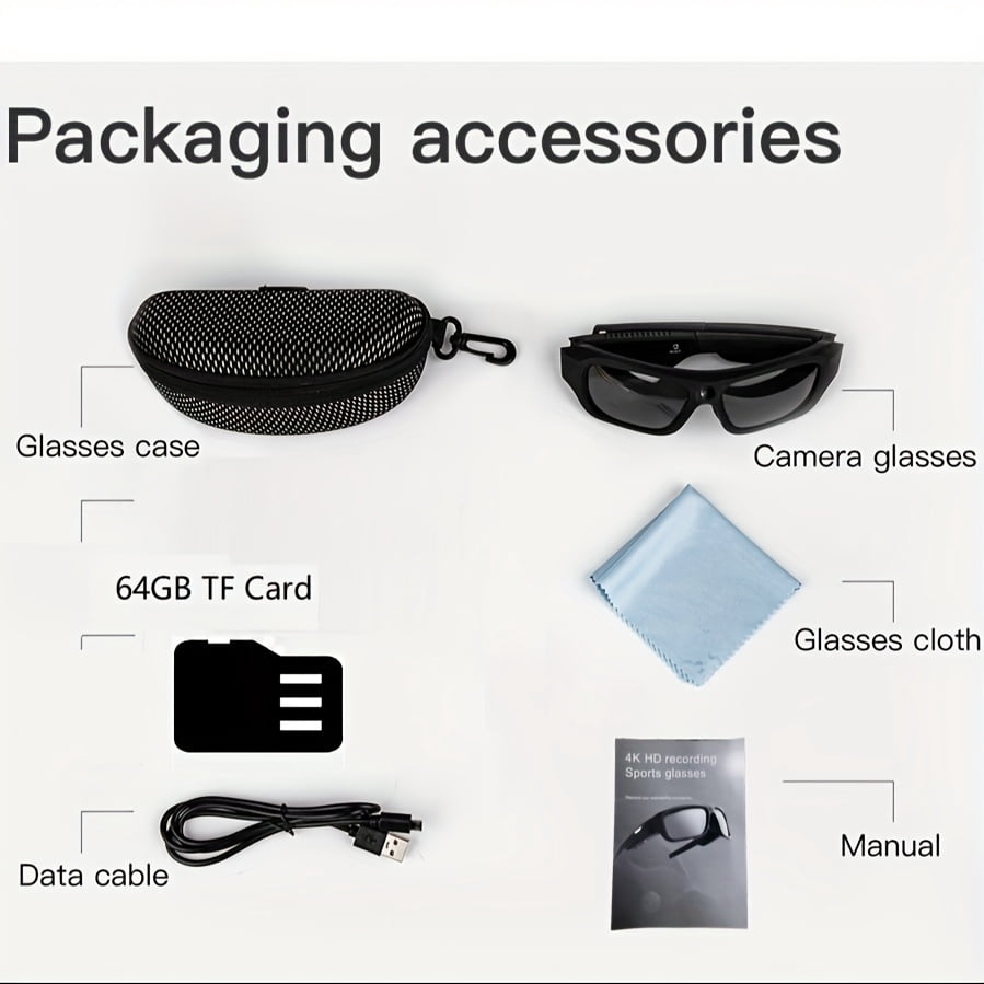 4K Camera Glasses, UHD Video Camera, Sports Camera, Bike Video Recorder, Action Cam Glasses Outdoor Sports Camcorder Ultra-clear With 64GB Storage Card