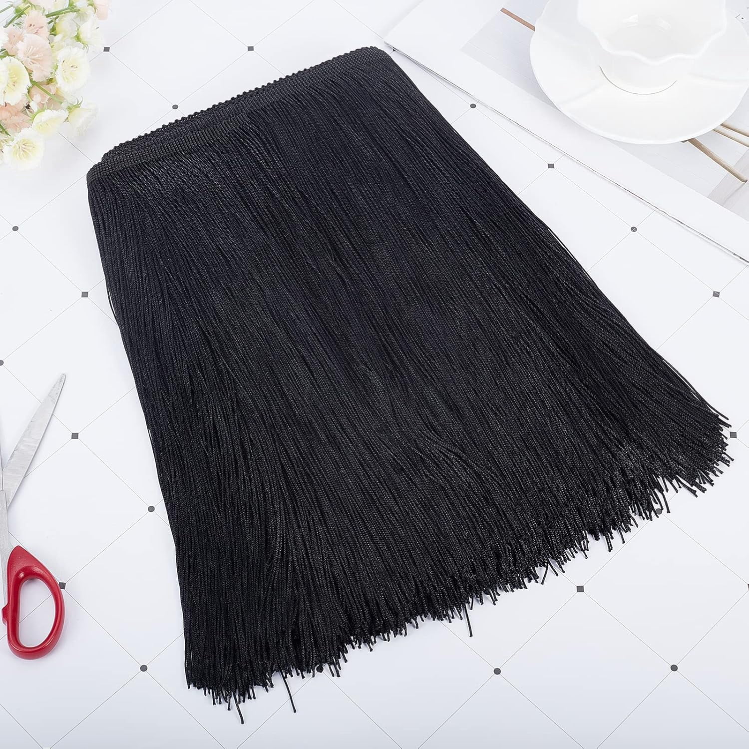 Tassel Fringe Polyester Ribbon for Garment Accessories Black 270~280x1mm about 9.5m/roll