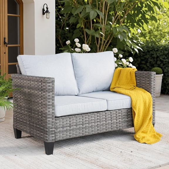2-Seater Patio Loveseat, Outdoor Wicker Sofa with Thick Cushions, All-Weather Rattan Love Seat for Porch Deck Balcony, High Back Support, gray