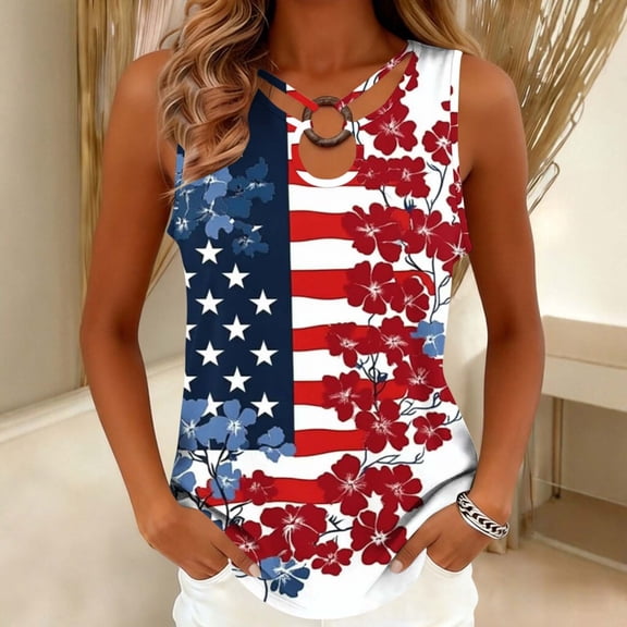 Uootdi Womens 4th Of July Tops USA Flag Flower Pattern Sleeveless Tank Top Ring Detail Relaxed Fit Comfy Streetwear Tops Patriotic Festival Wear Gift