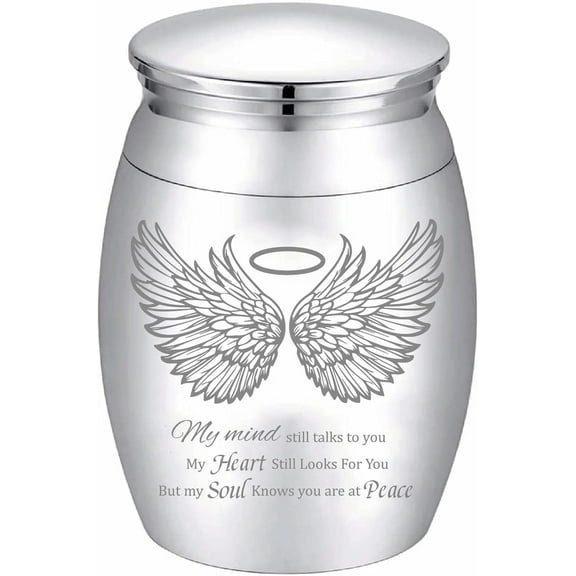Angel Wings Engraving Small Keepsake Urn Stainless Steel Mini Cremation Urn Funeral Memorial Ashes Preserve for Human Ashes Pet Ashes Waterproof Decorative Commemorative Gift 1.57x1.18in