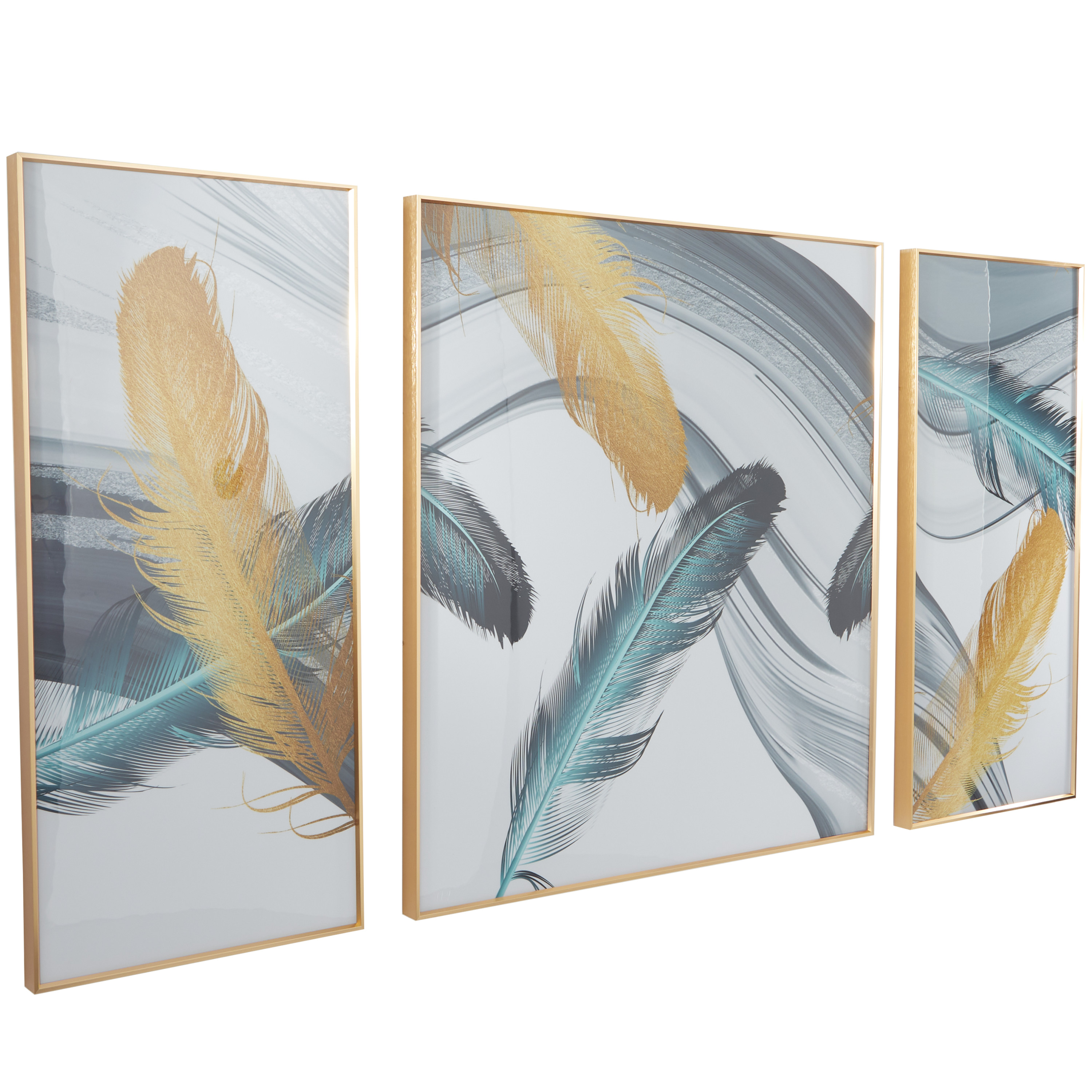 32" x 36" Feathers Bird Framed Wall Art with Gold Aluminum Frame, by CosmoLiving by Cosmopolitan (3 Count)