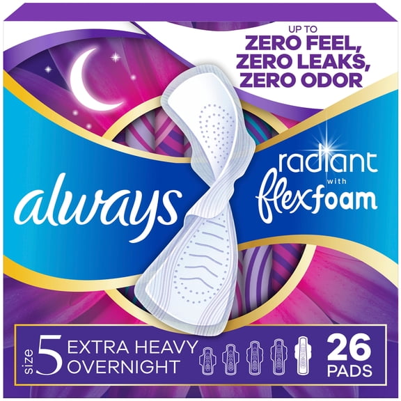 Always Radiant with FlexFoam Pads, Size 5, Extra Heavy Overnight, Wings, 26 Count
