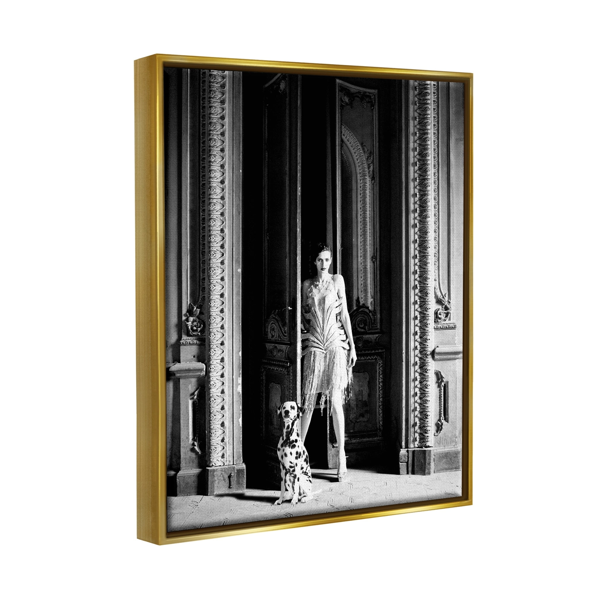 Stupell Industries Upscale Fashion Woman Dalmatian Dog Ornate Building Photograph Metallic Gold Floating Framed Canvas Print Wall Art, Design by Leah Straatsma