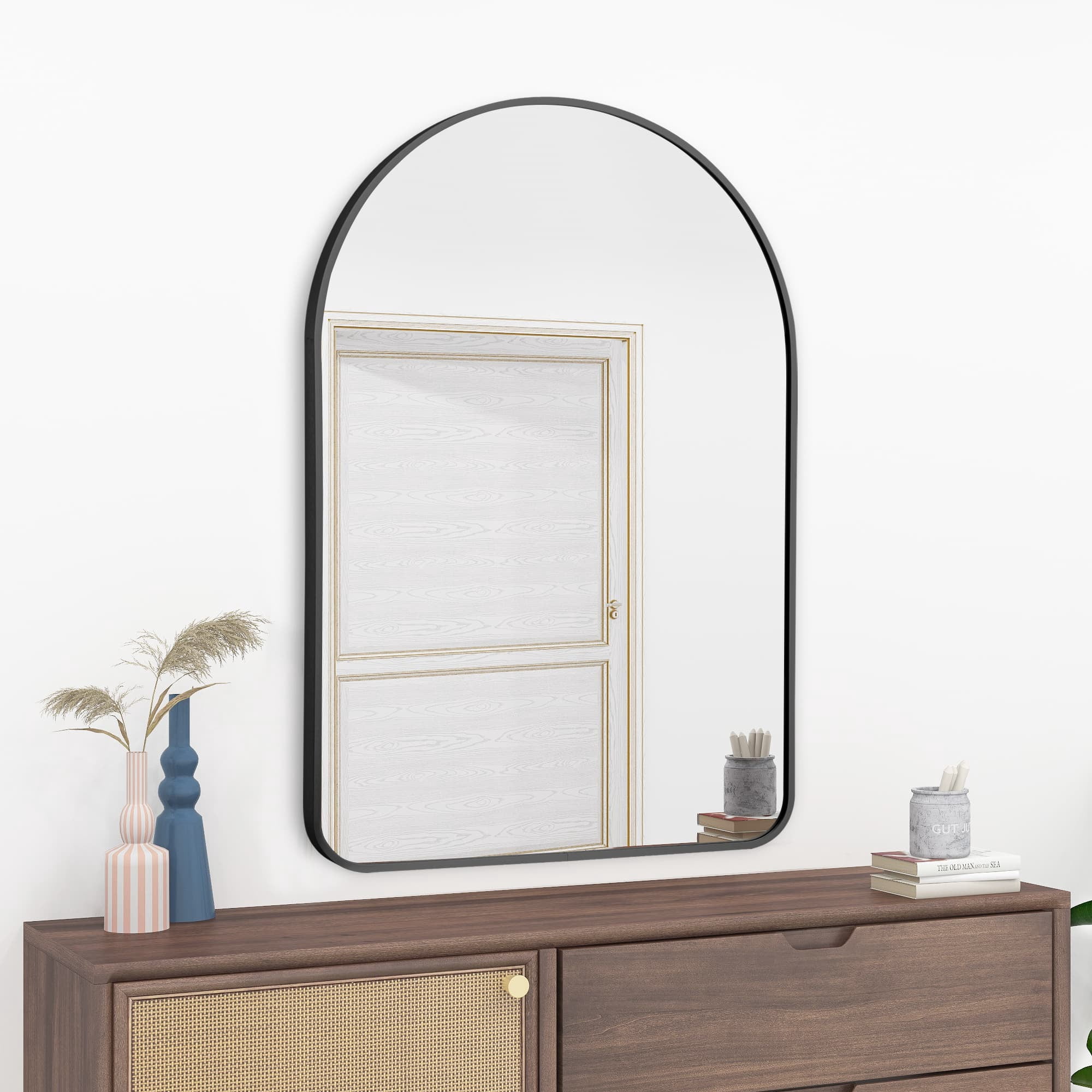 MAYEERTY 36"×24" Black Aluminum Slim-Frame Arched Wall Mirror Rounded Corners, Modern Look for Bathroom or Bedroom