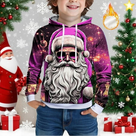 Christmas Hoodies Boys Santa Print Hooded Sweatshirt For Kids Holiday Festive Pullover 13-14 Years