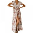 thumbnail image 1 of PENGXIANG Robe Maxi Bohème à Fleurs Imprimées Col en V Manches Courtes Fendue pour Fête à la Plage S-TG, 1 of 5