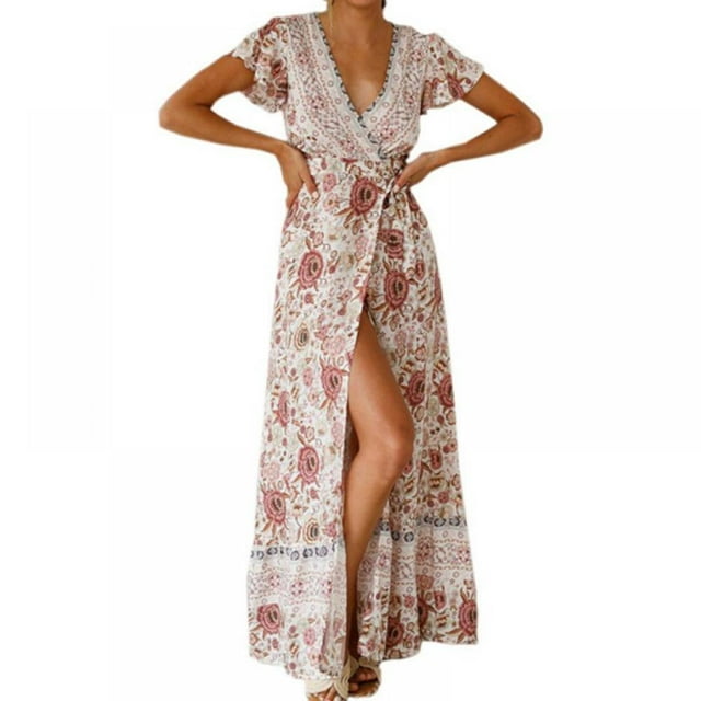 PENGXIANG Robe Maxi Bohème à Fleurs Imprimées Col en V Manches Courtes Fendue pour Fête à la Plage S-TG