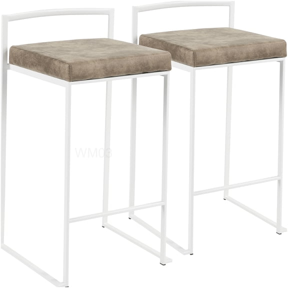 Set of 2 Brown Fabric Bar Stools, White Stackable Counter Height Stools with Cushioned Seat