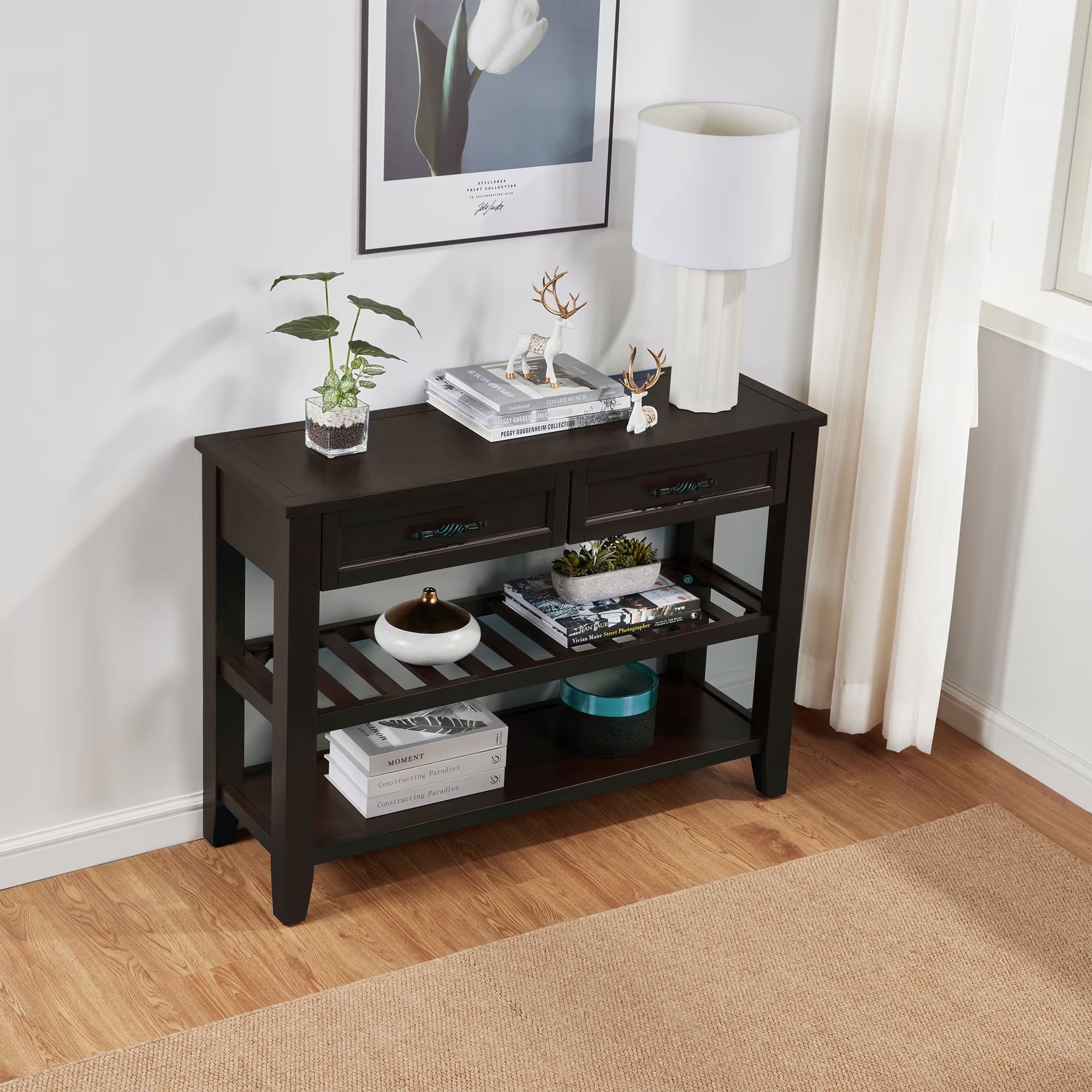 MAYEERTY Retro Console Table with 2 Drawers and Slatted Shelf, Solid Pine Wood Entryway Table, Narrow Table for Living Room, Hallway