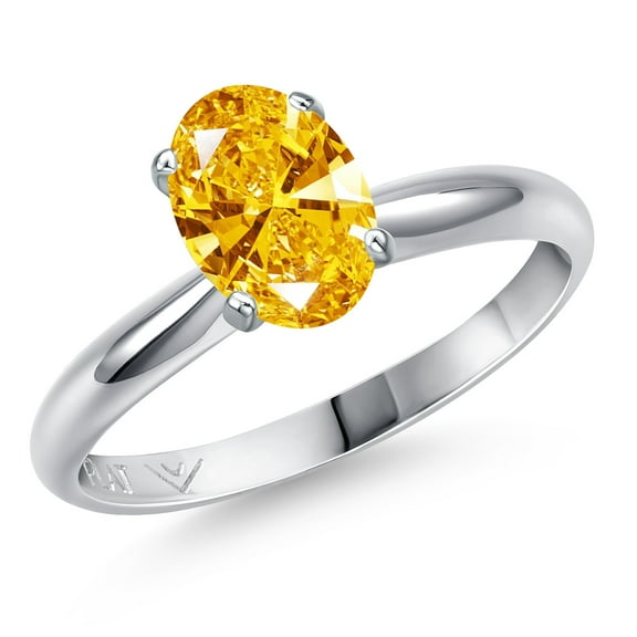 Gem Stone King PLAT-900 Platinum Golden Yellow Zirconia Engagement Ring for Women | 1.21 Cttw | Oval 8X6MM | Gemstone Birthstone | Size 5
