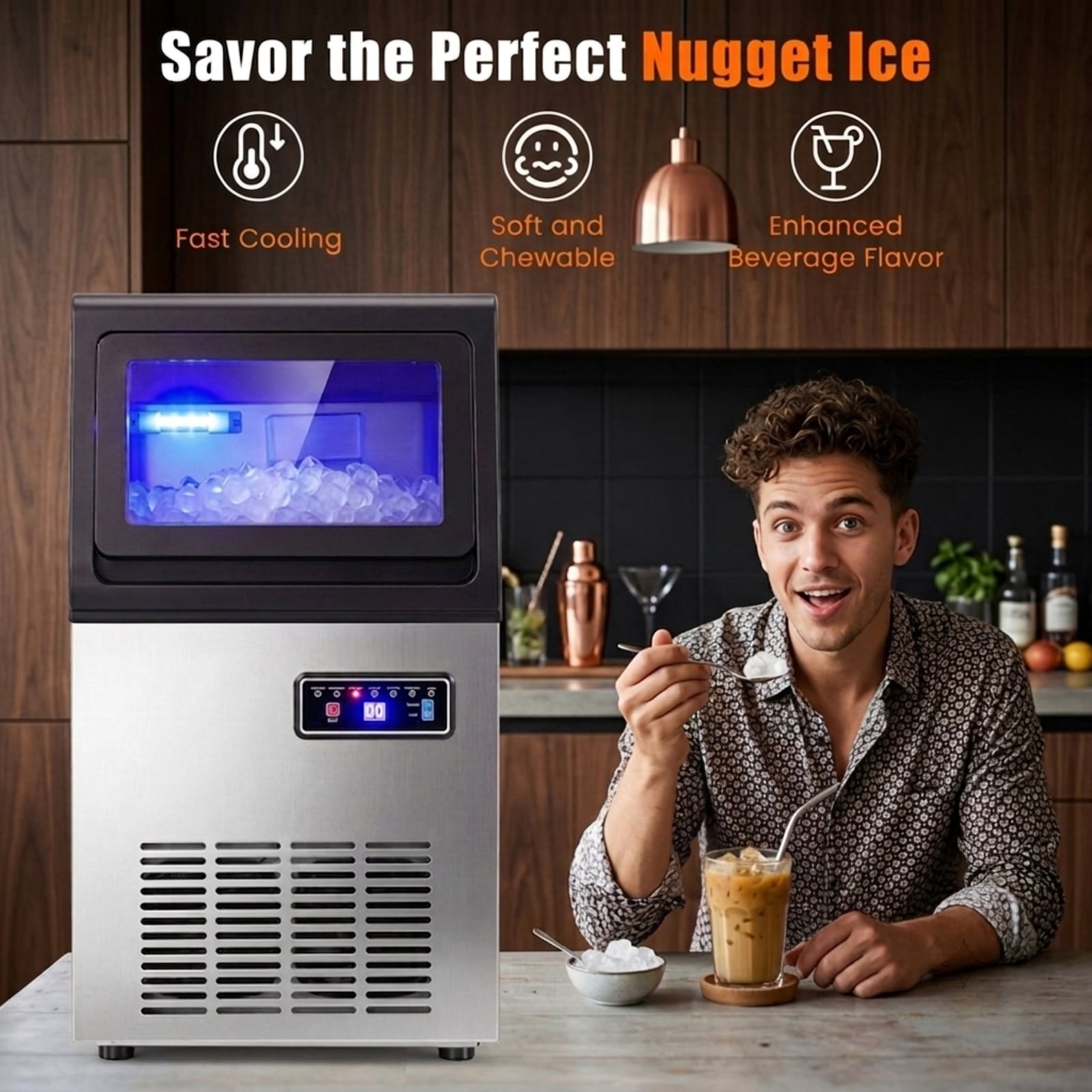 RUIE Nugget Ice Maker Machine 90 lbs/24H, Commercial Countertop Chewable Pellet Ice Machine with Self-Cleaning for Home Bar Kitchen Office