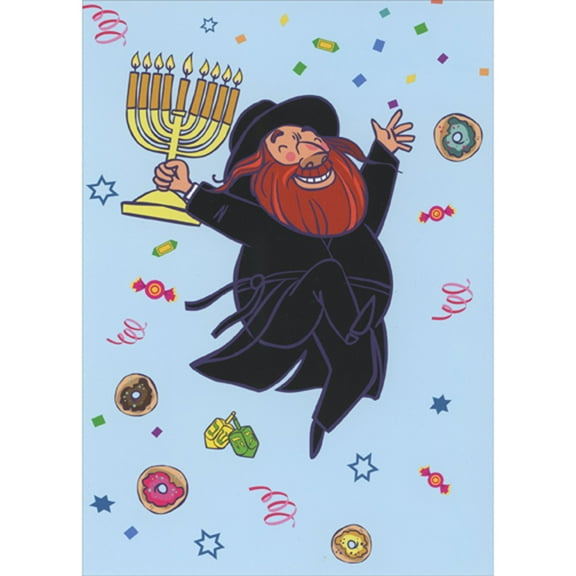 RSVP Rabbi Holding Menorah and Jumping with Joy Hanukkah Card