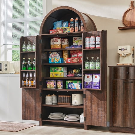 SinCiDo Arched Pantry Storage Cabinet with 4 Fluted Wood Doors, 71" Modern Kitchen Organizer with 6 Doors Shelves & Adjustable Shelves, Versatile Cupboard for Kitchen Dining Room