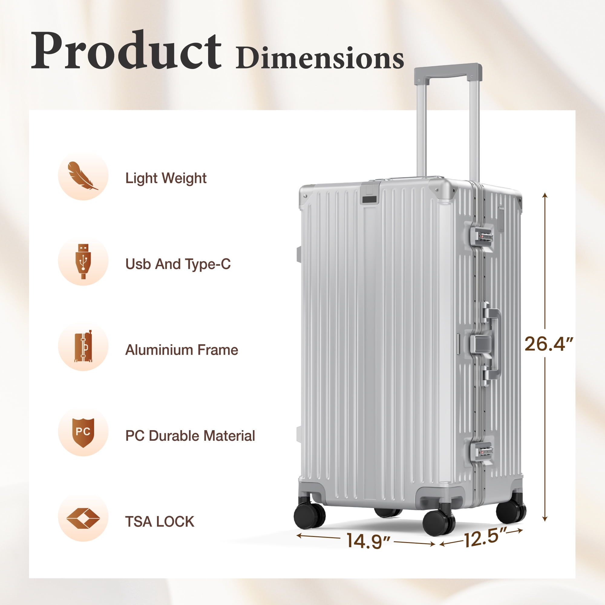 MF Studio 24 Inch Checked Trunk Luggage, Lightweight Zipperless PC Hardshell Suitcase with Aluminum Frame, TSA Locks, Spinner Wheels, USB Charging Port, Siliver Gray