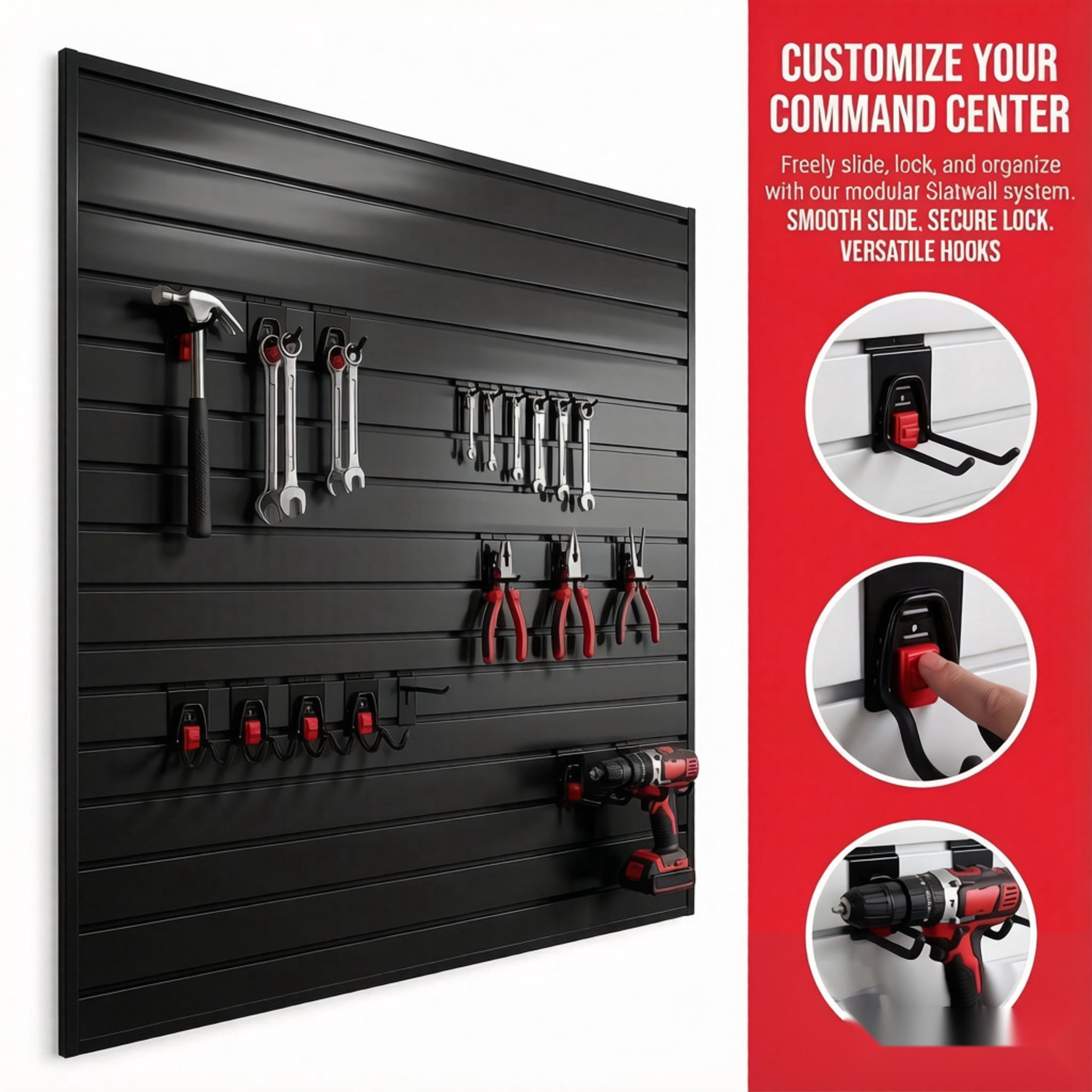 GDF Studio 4x4FT PVC Slatwall Panel Kit Garage Storage System with 12 Hooks, Lightweight Water-Resistant Panels, Black