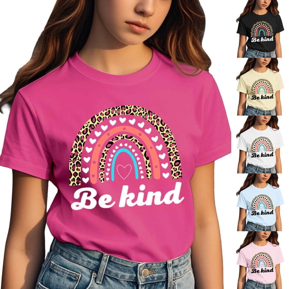 JAJAHO Girls Cute Graphic Tee Girl Clothes Short Sleeve T Shirt Summer Crew Neck Loose Fit Rainbow Printed Tshirts 3-13Y Soft Tops
