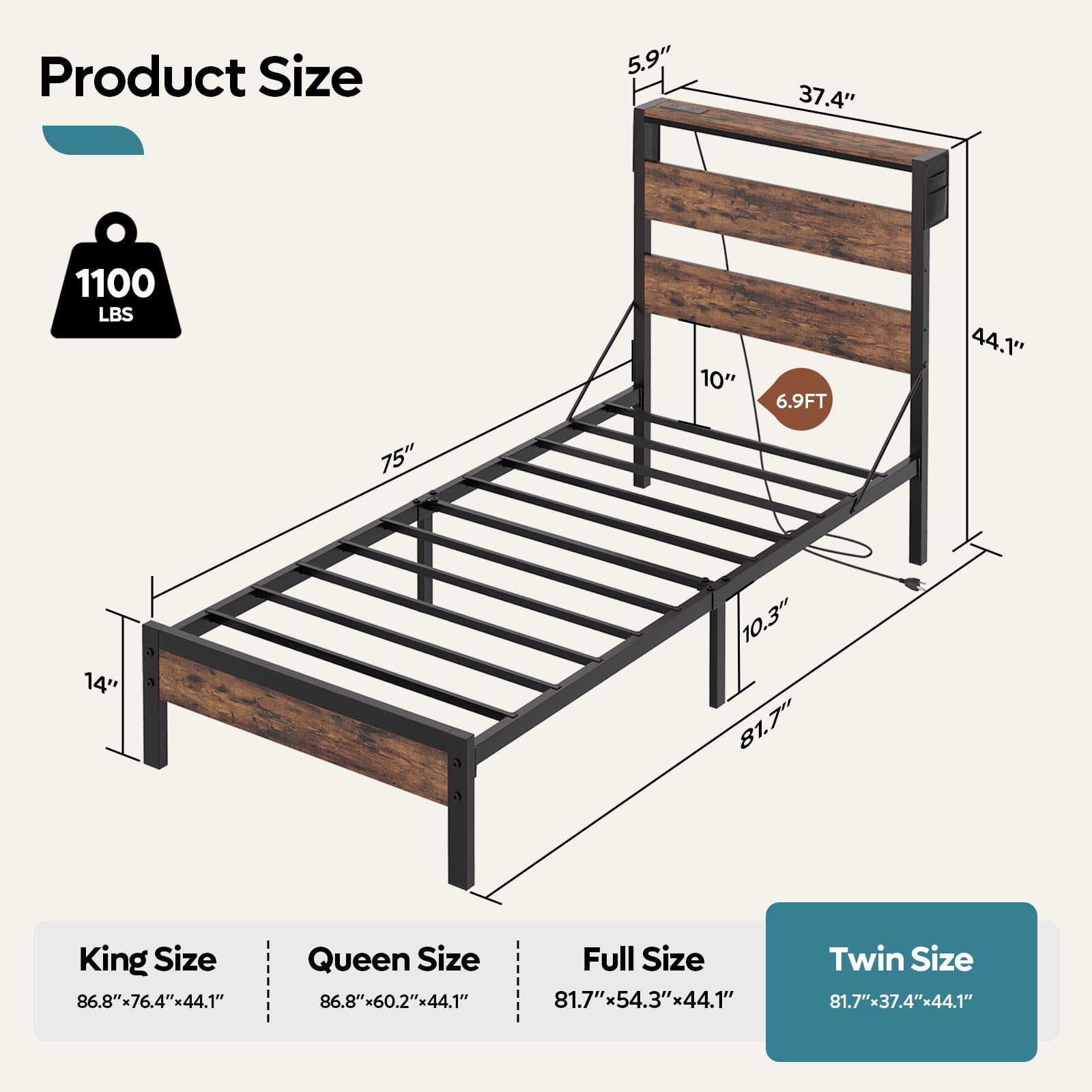 Bestier Twin Size Platform Bed Frame with Storage Headboard, LED Lights & USB Charging Station, Metal Bed Frame Rustic Brown