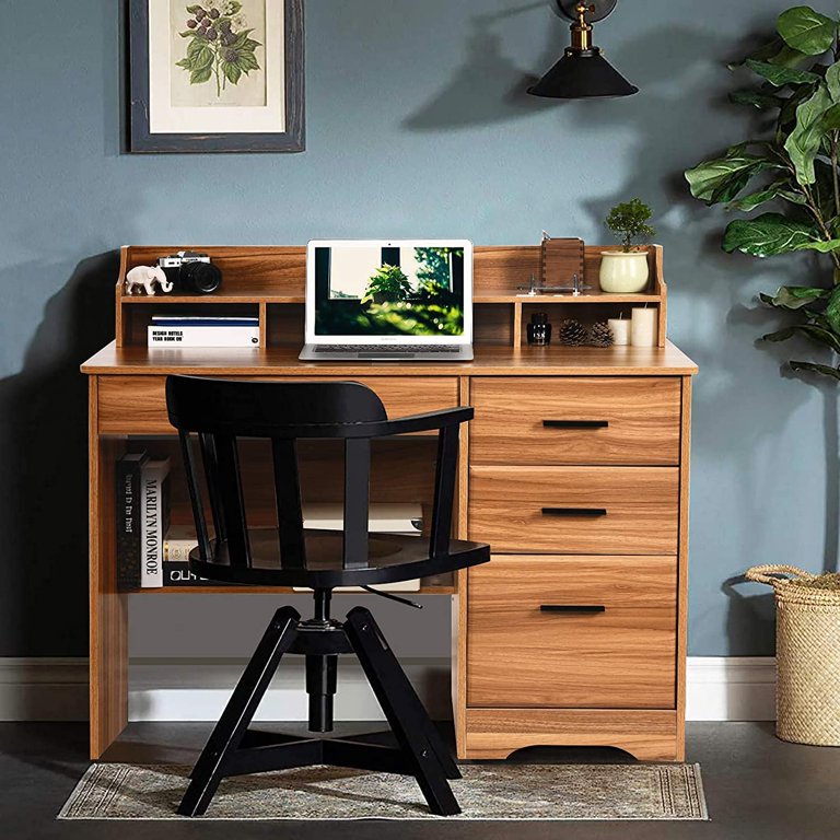 Catrimown Computer Desk with 4 Storage Drawers and Shelves, White Farmhouse  Office Desk for Bedroom Teens Writing Desk, Executive Desks for Home