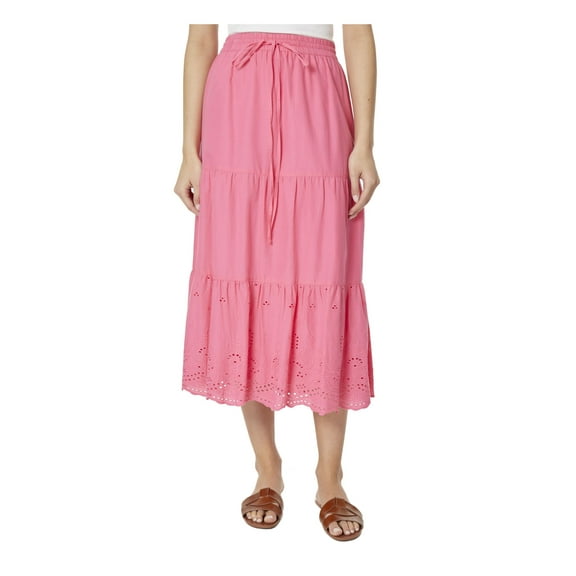 JONES NEW YORK Womens Pink Eyelet Embroidered Elastic Waist Drawstring Lined Tea-Length Skirt L