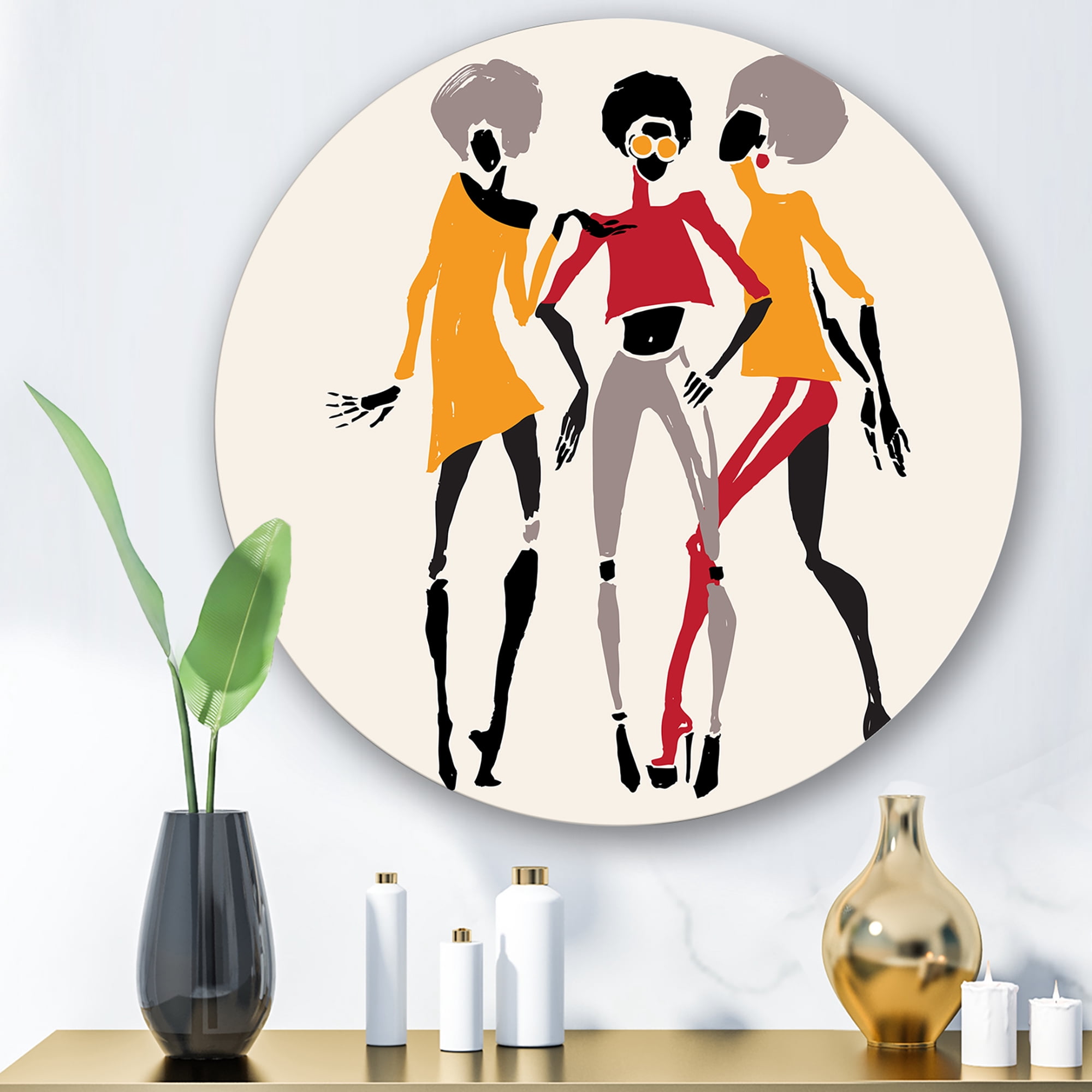 Designart 'African American Women Silhouettes Red and Yellow II' Modern Circle Metal Wall Art 11x11 - Disc of 11