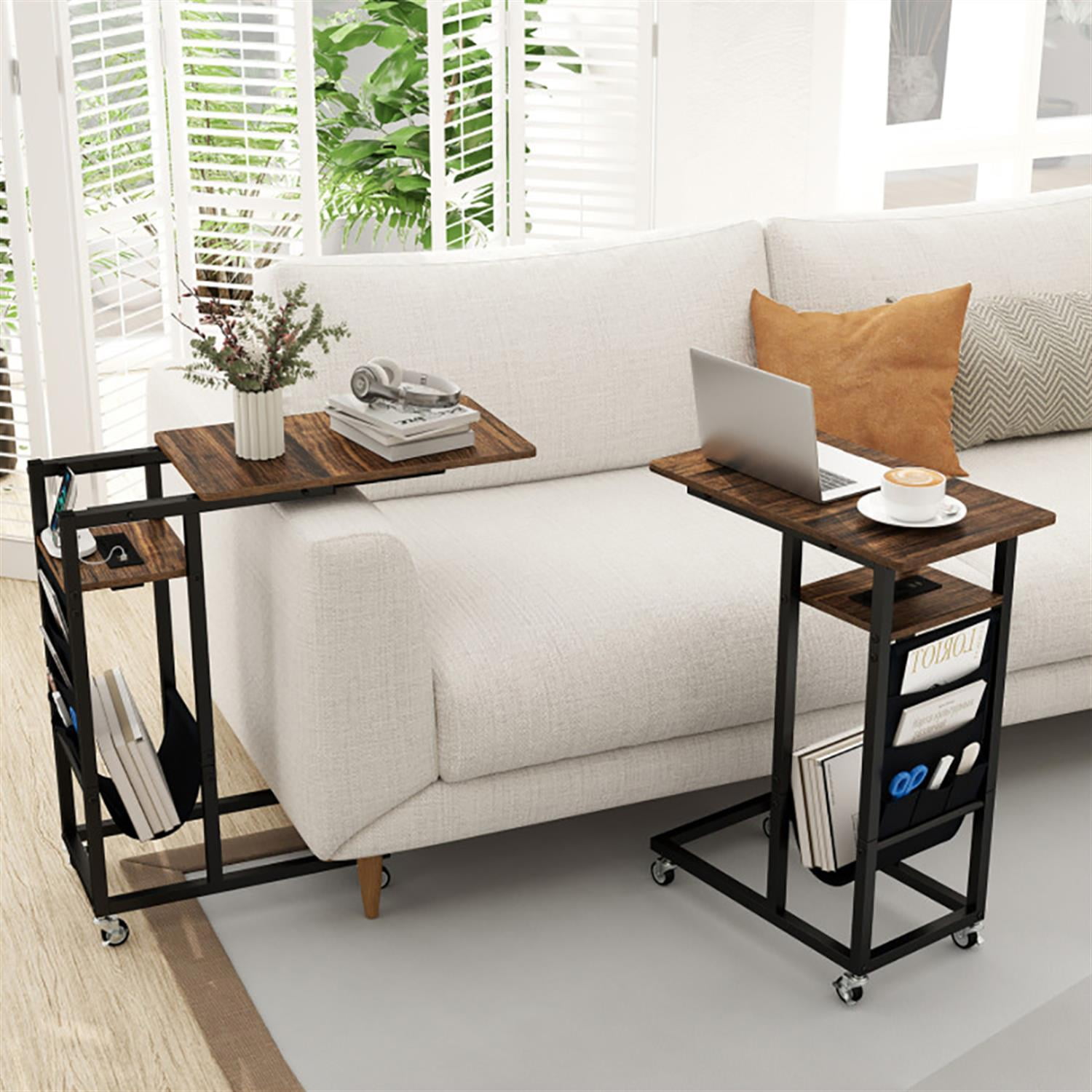 Demi Bonn C-Shaped Sofa Side Table, End Table with Charging Station and Retractable Tabletop for Small Spaces, Living Room, Bedroom, Brown