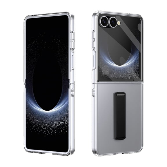 Case for Samsung Galaxy Z Flip8, Slim Hard PC Phone Cover with Metal Kickstand, Built-in Tempered Glass Front Protector Clear Non-Yellowing Scratch-Resistant Protective Case, Black