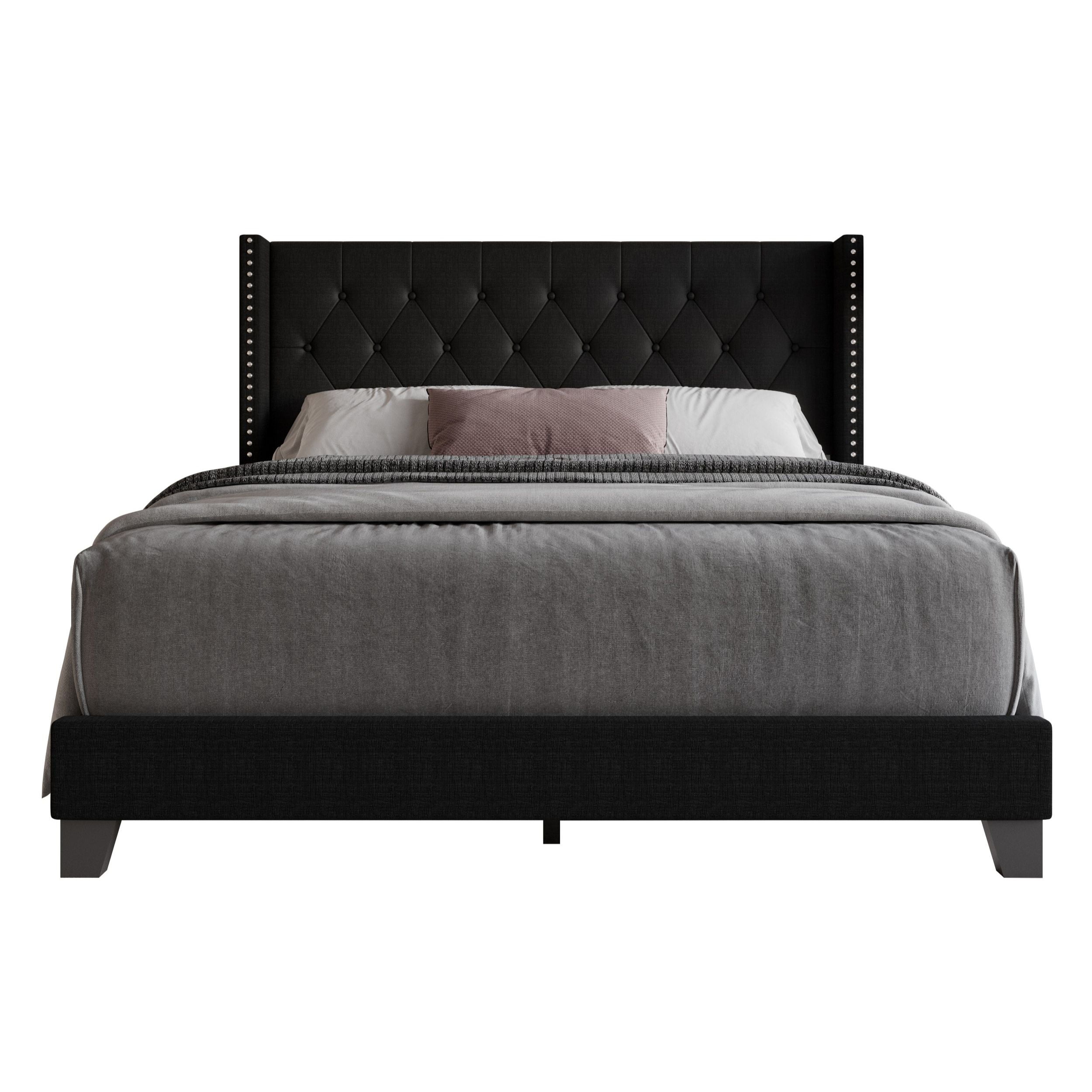 Home Design Homer Full Button-Tufted Wingback Upholstered Panel Bed Frame with Nailhead Trim design for Adult, Black, Easy Assembly