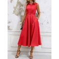 thumbnail image 5 of Red Solid Minimalist Stand Collar Sleeveless A-Line Midi Dress For Women, 5 of 7
