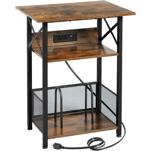 Record Player Stand with Charging Station, Large Turntable Stand with Storage Cabinet, 3 Tier End Table Hold Up to 100 Albums, Record Stand for Vinyl, Living Room, Brown, HETCD012BR-1