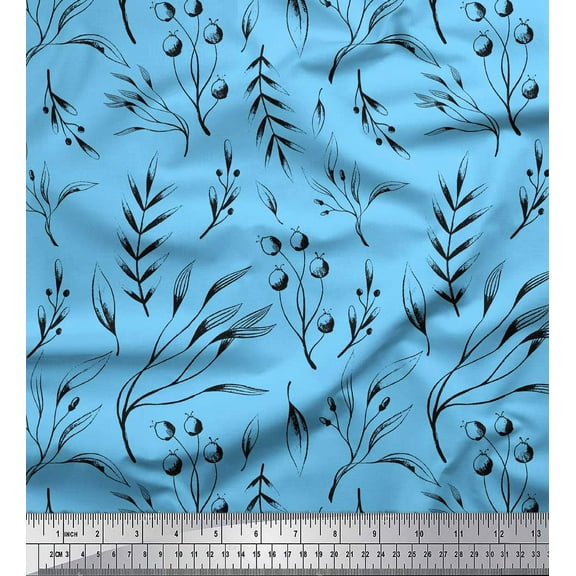 Soimoi Blue Cotton Duck Fabric Blueberry Leaves Fabric Prints By Yard 44 Inch Wide