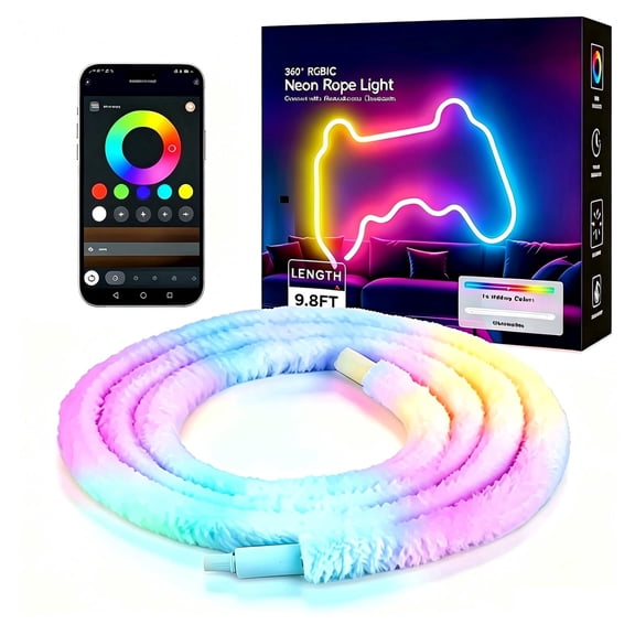 BUNACET Plush LED Neon Rope Lights RGBIC Music Sync USB 360° Luminous 9.8FT | Bluetooth APP Control, IR Remote, Smart Color Changing LED Strip Lights, For Bedroom Gaming Party Decor