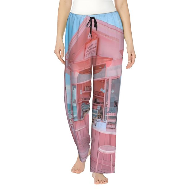 Fotbe Pastel Pink Beach Cafe Pantalones de Pijama para Mujer, Pantalones de Dormir, Pantalones Pj con Cordón y Bolsillos-X-Large