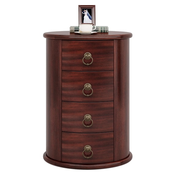 Tribesigns 17.72 in. Cherry Brown Round Wood End Table with 4-Storage Drawers, No Assembly