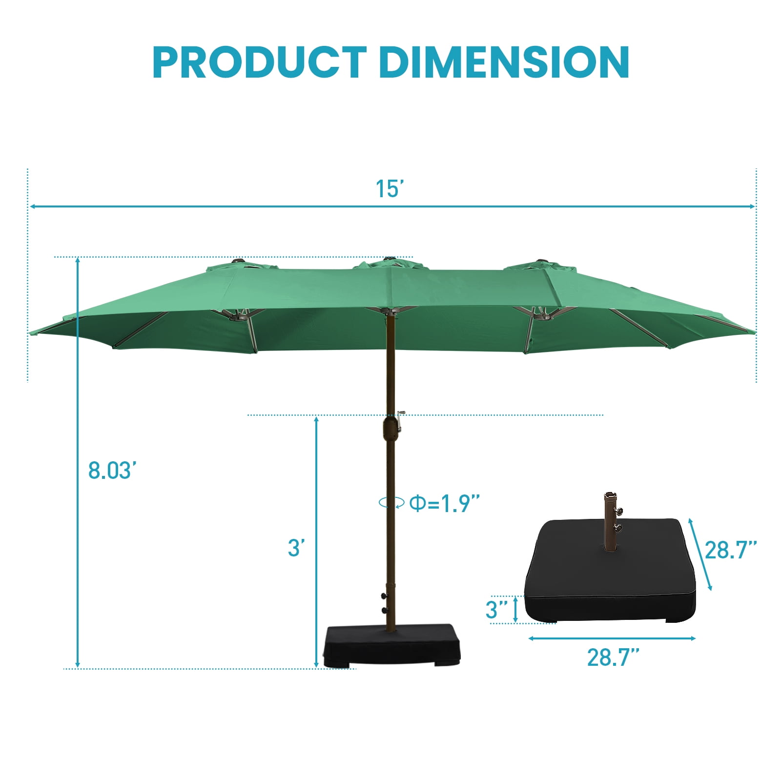 Aoodor 15ft Large Patio Umbrella with Base Stand, Outdoor Double-Sided Rectangle Umbrella - Green