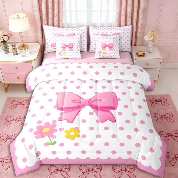 Erosebridal Kids Girls Cartoon Floral Bowknot Twin Bedding Sets 7-Piece,Teens Vintage Polka Dots Bedding Comforter Set,Pink Reversible,Lightweight Room Decor
