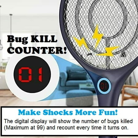Electric Fly Swatter Bug Zapper Racket Rechargeable Digital Insect Kill Counter
