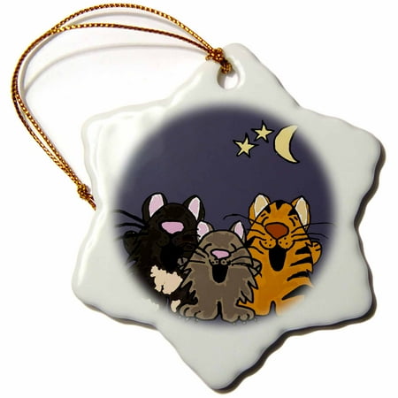 Singing Christmas Tree Memphis 3dRose Funny Tiger cat, Black cat, and Grey Cat Singing in Moonlight , Snowflake Ornament, Porcelain, 3-inch ()