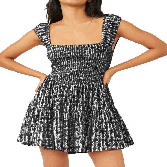 Femmes Été Courte Fronde Robe Sans Manches Cou Carré Plissée Ourlet Floral Robe