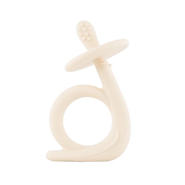 Mordedor y cepillo de dientes de silicona para bebé para el inicio de los dientes y el período de erupción, alivia el dolor y la picazón, limpia la lengua y las encías, Beige-Beige- oso de fresa Electrónica
